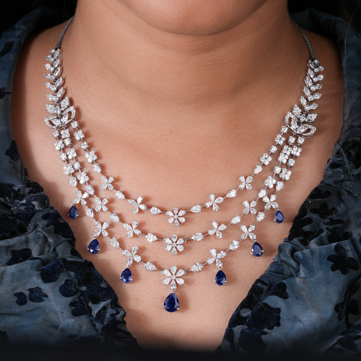 Designer Triple Layered Lab Diamond Necklace Set